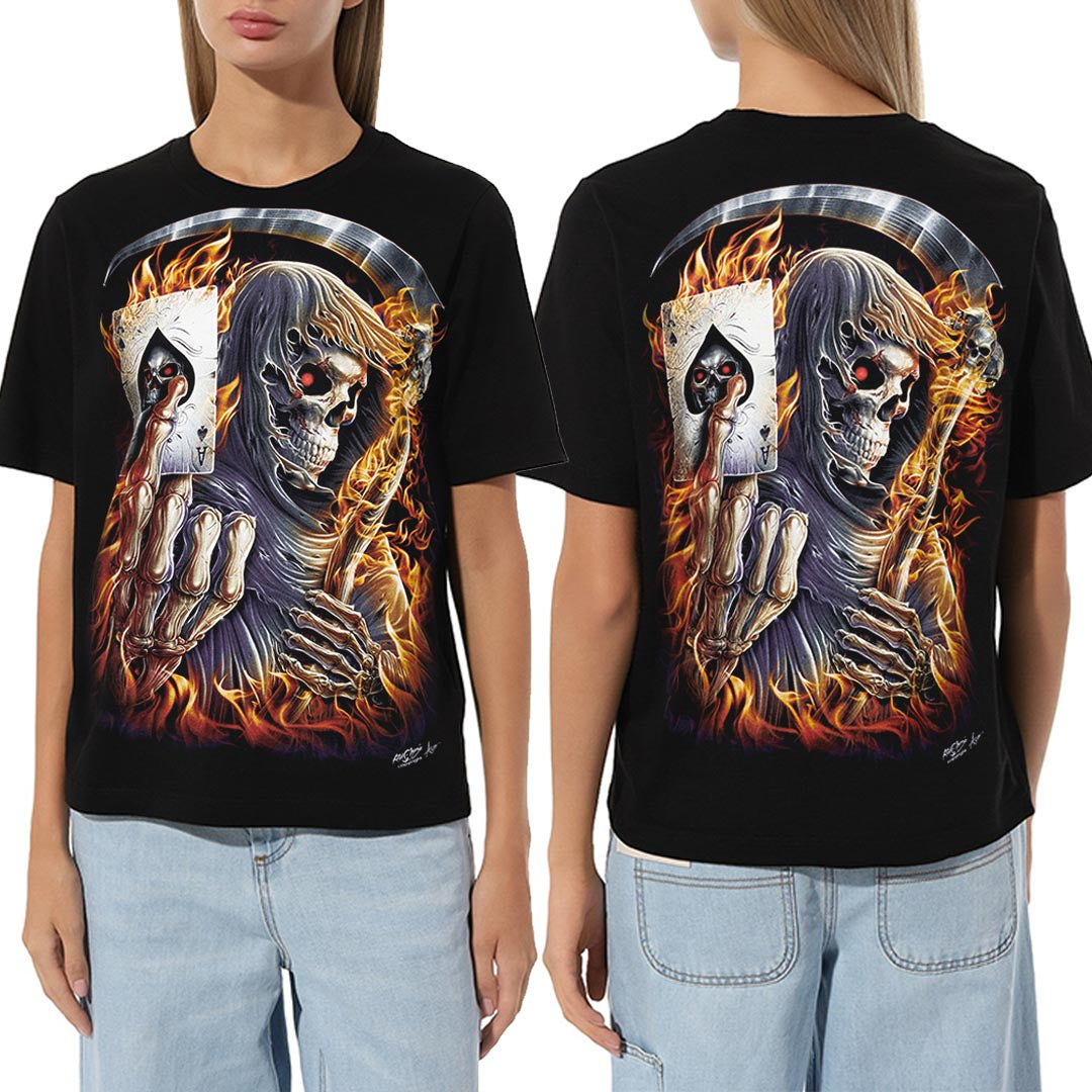 Schwarzes T-Shirt mit Skelett, Sichel und Ass Spielkarte von Flammen umgeben, Vorder- und Rückseite
