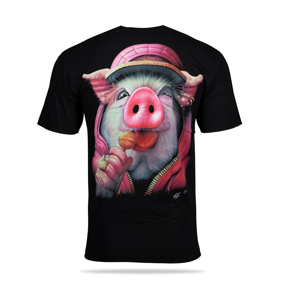 Schwarzes T-Shirt mit Schweinchen-Print, Rückseite