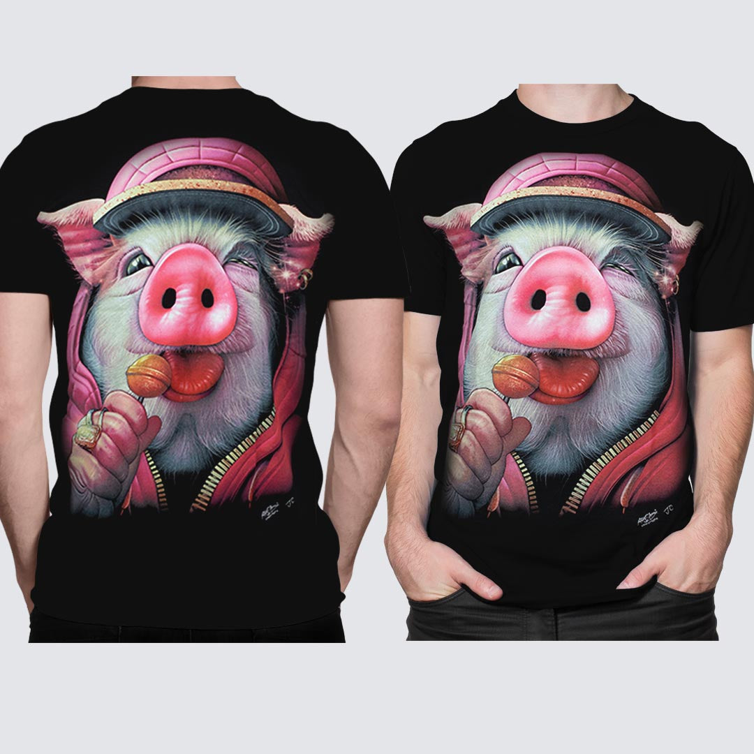 Schwarzes T-Shirt mit Schweinchen-Print, Vorder- und Rückseite