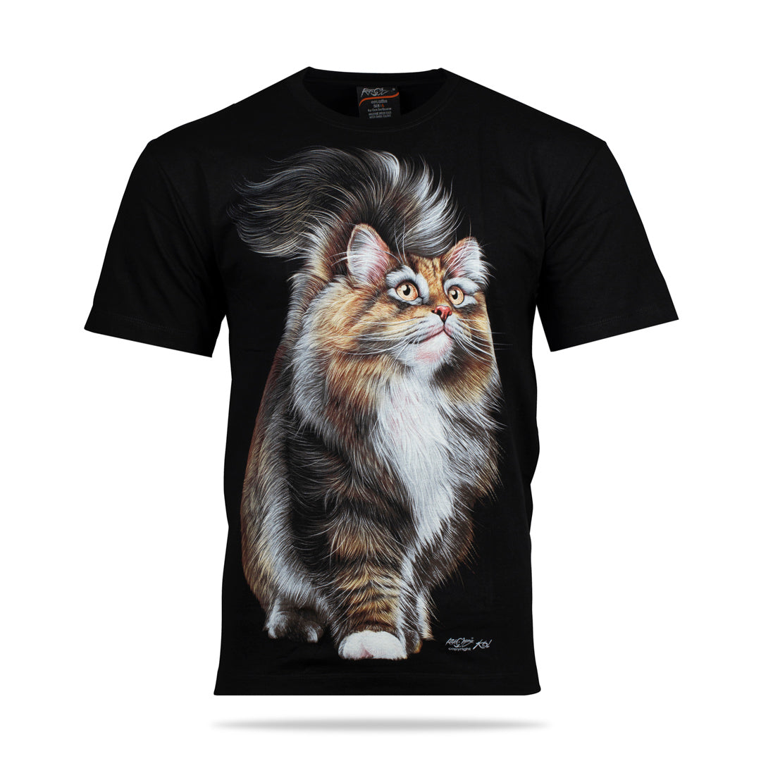 Schwarzes T-Shirt mit Maine Coon Katzen-Print, Vorderseite