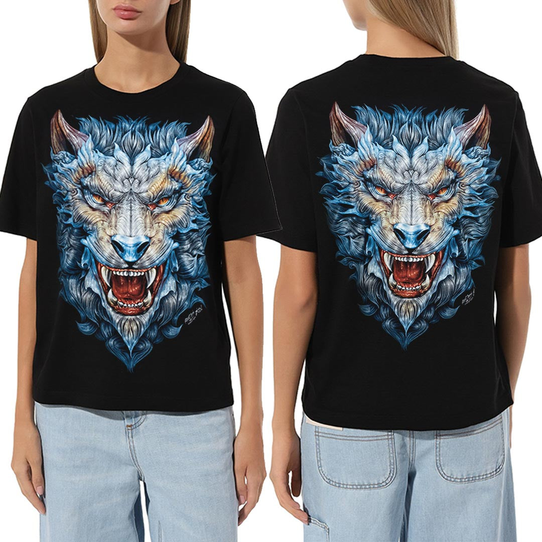 Schwarzes T-Shirt mit Werwolf-Print, Vorder- und Rückseite