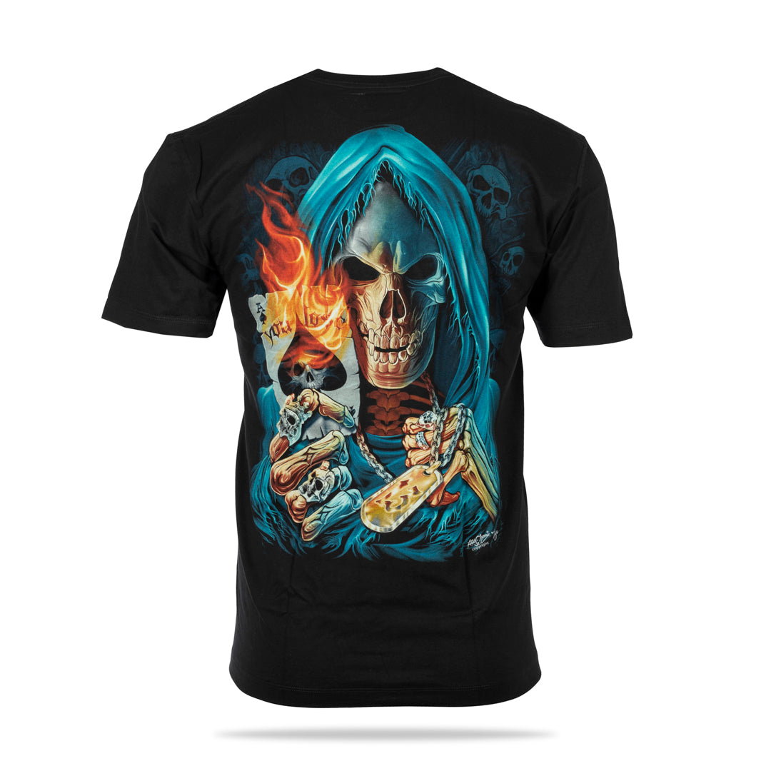 Schwarzes T-Shirt mit Totenkopf und Ass-Karte, Rückseite