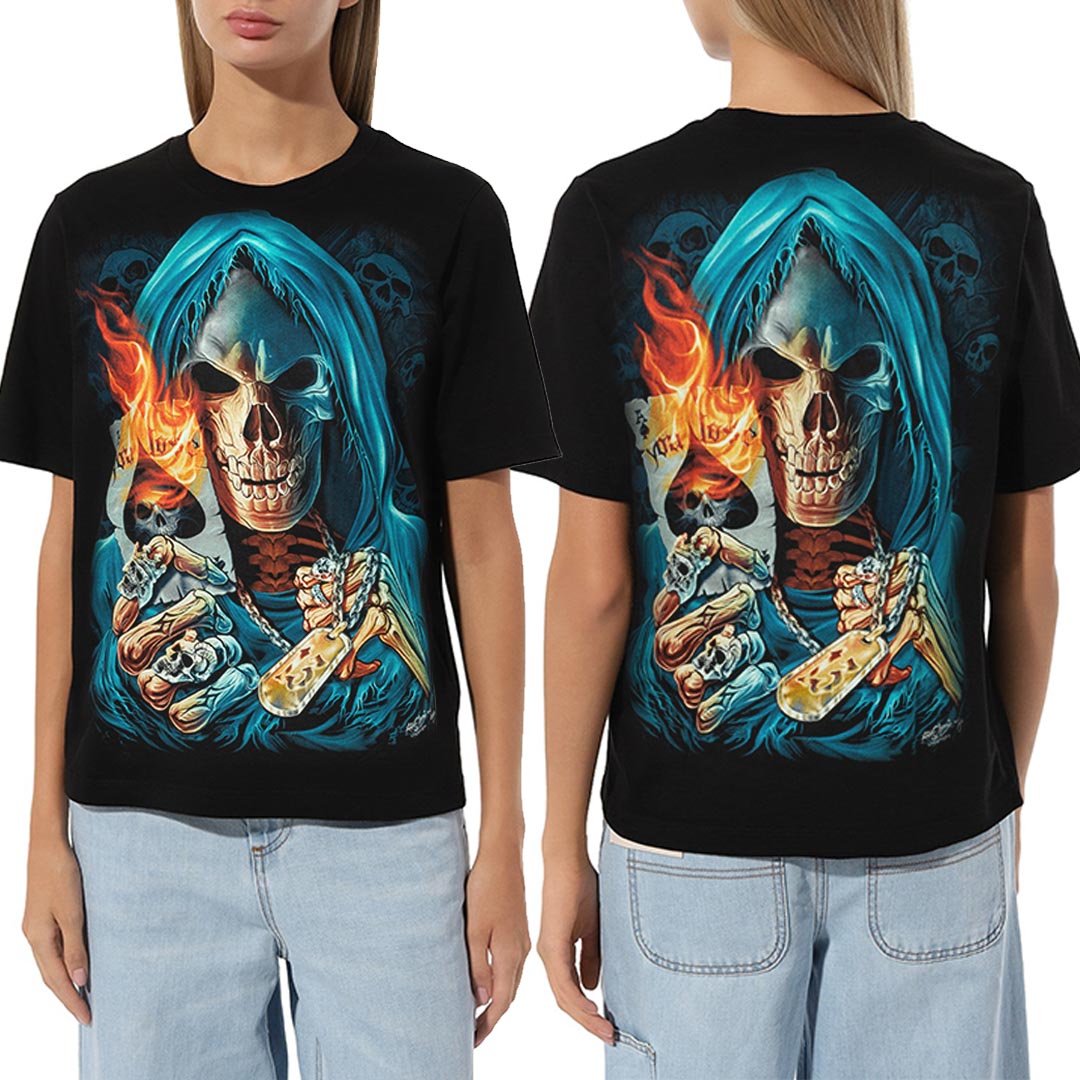Schwarzes T-Shirt mit Totenkopf und Ass-Karte, Vorder- und Rückseite
