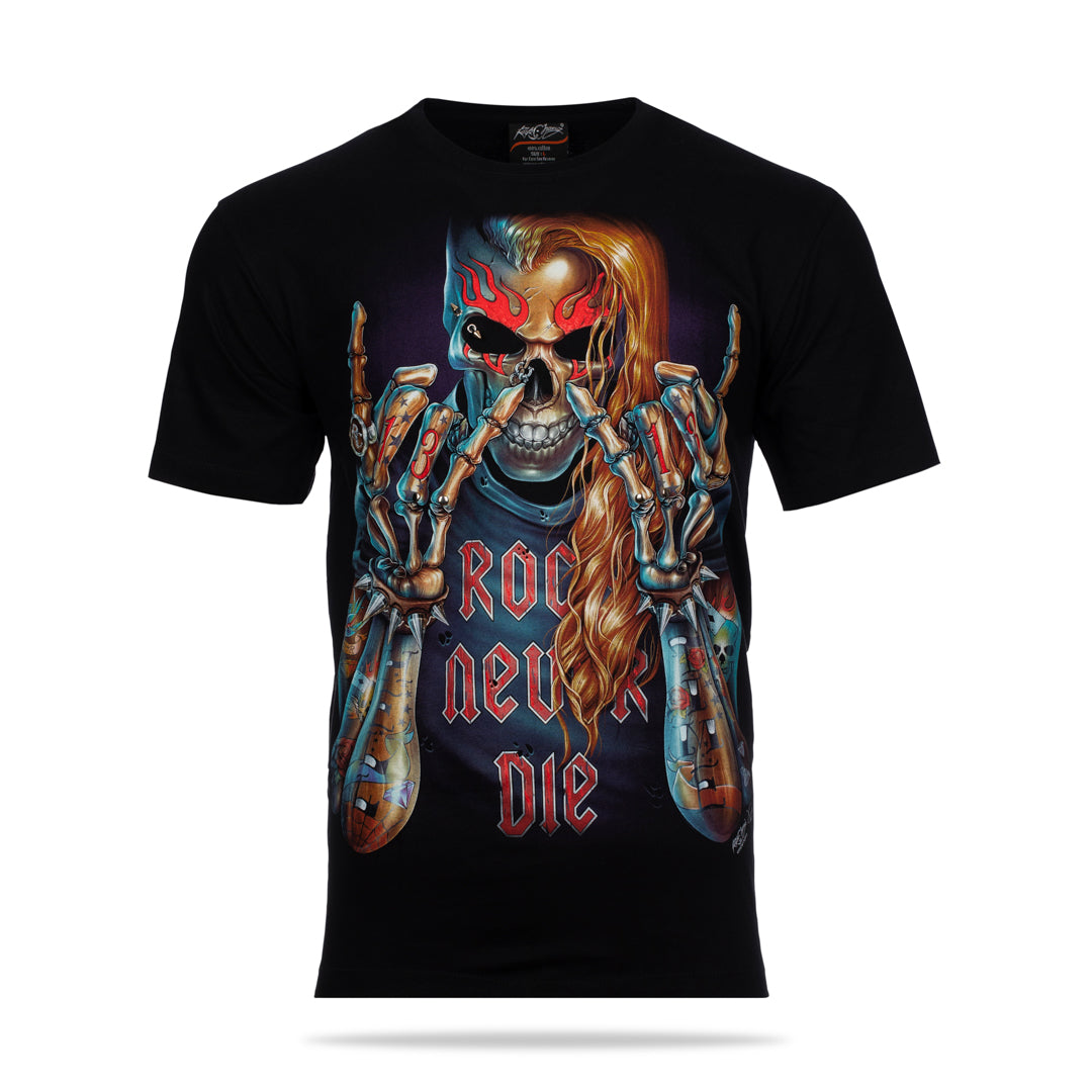 Schwarzes T-Shirt mit Totenkopf und Rock never die-Print, Vorderseite