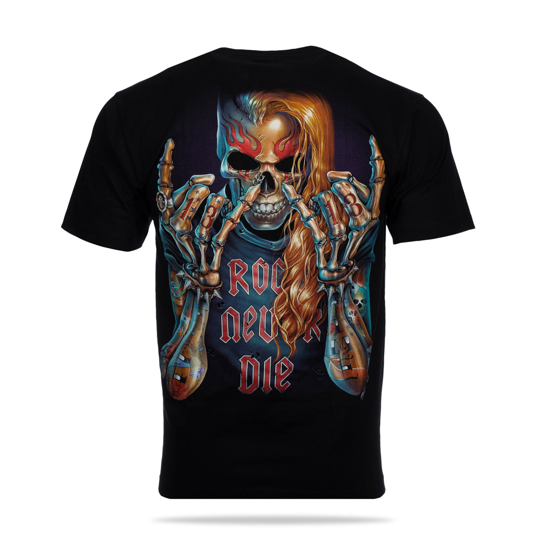 Schwarzes T-Shirt mit Totenkopf und Rock never die-Print, Rückseite