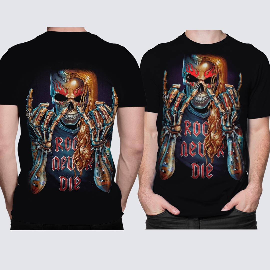 Schwarzes T-Shirt mit Totenkopf und Rock never die-Print, Vorder- und Rückseite