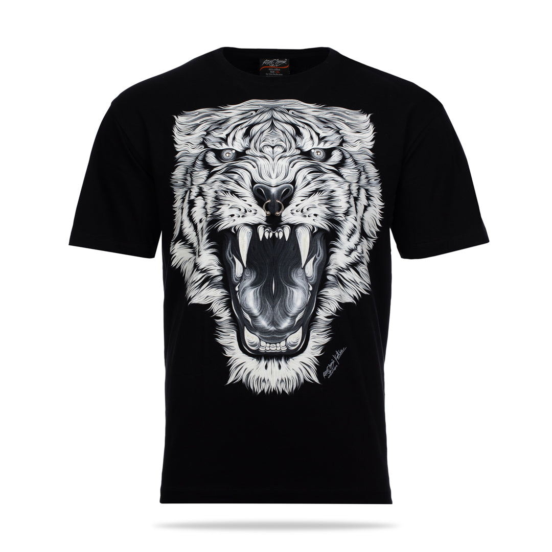 Schwarzes T-Shirt mit Weißem Tigerkopf Piercing-Print, Vorderseite