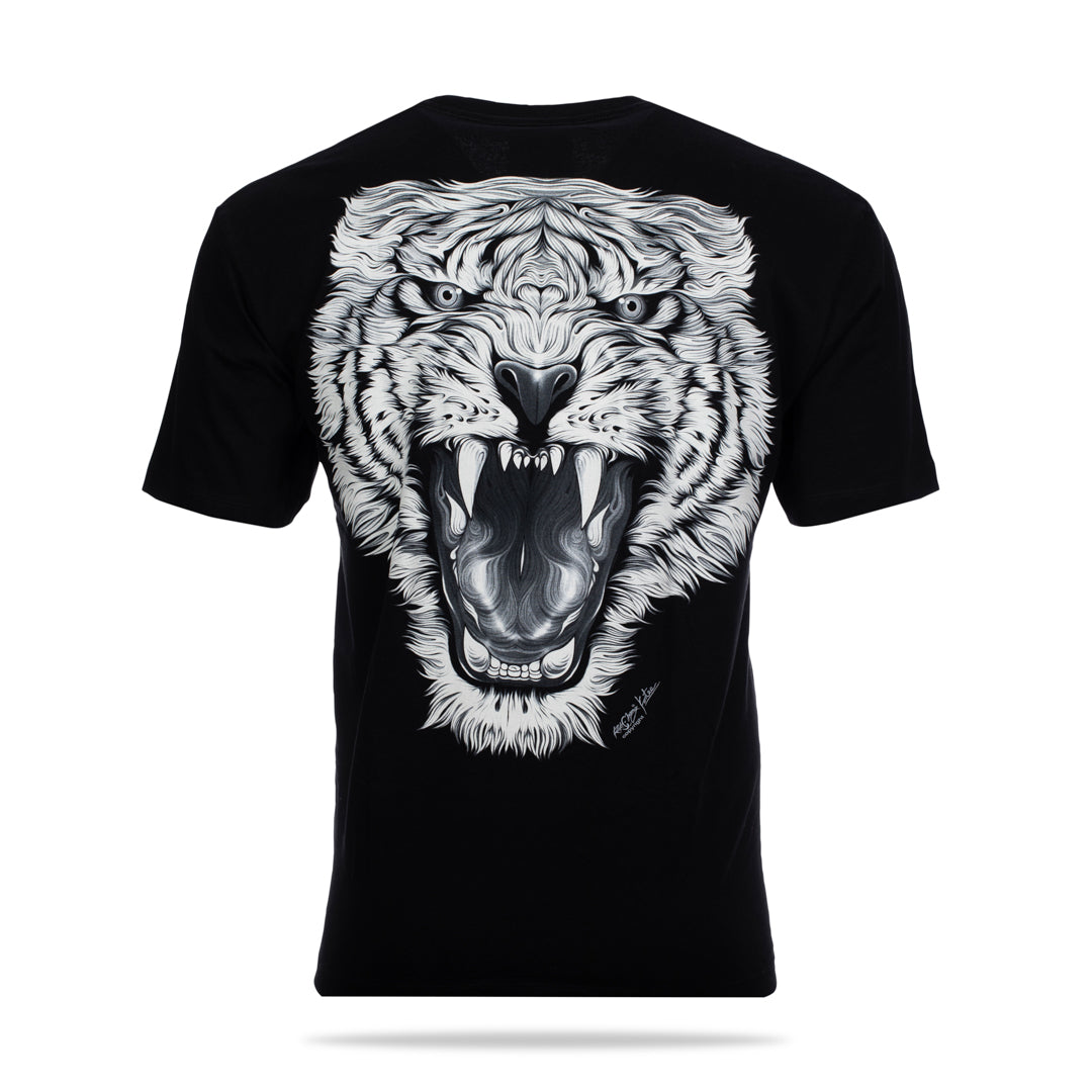 Schwarzes T-Shirt mit Weißem Tigerkopf Piercing-Print, Rückseite