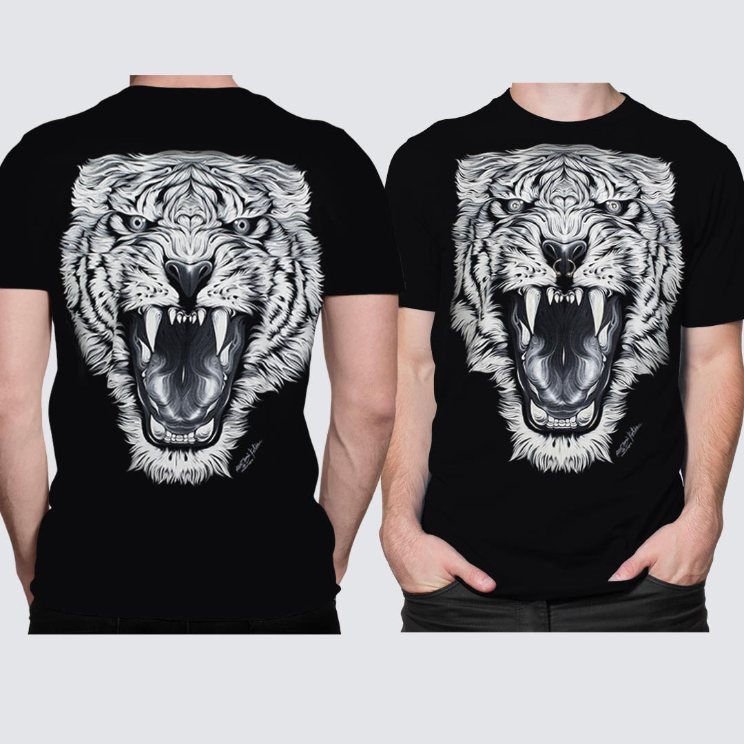 Schwarzes T-Shirt mit Weißem Tigerkopf Piercing-Print, Vorder- und Rückseite