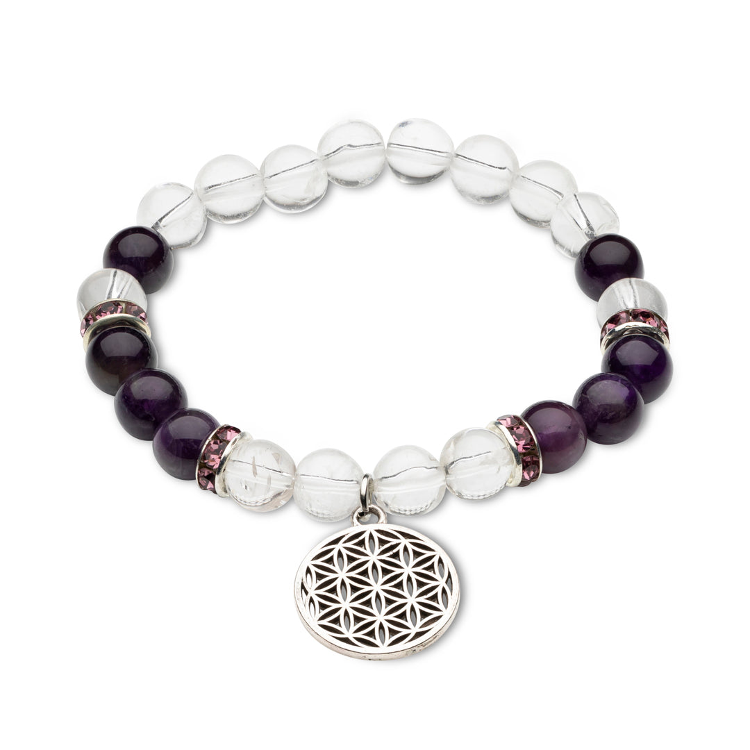 Kraftarmband Bergkristall & Amethyst mit Blume des Lebens-Anhänger – Harmonie & Energie