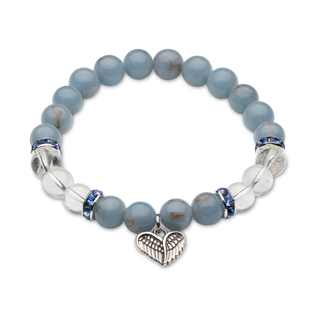 Kraftarmband Angelit-Bergkristall mit Herz-Anhänger - Harmonie und Liebe