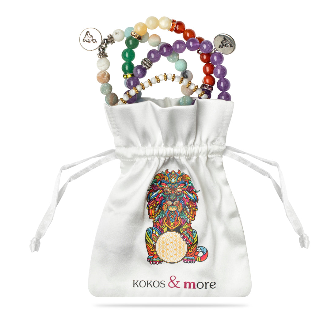 Kraftarmband Bergkristall & Amethyst mit Blume des Lebens-Anhänger – Harmonie & Energie