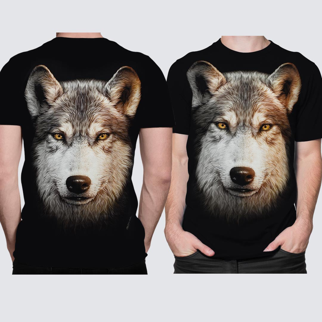 Schwarzes T-Shirt mit grauem Wolf-Print, Vorder- und Rückseite