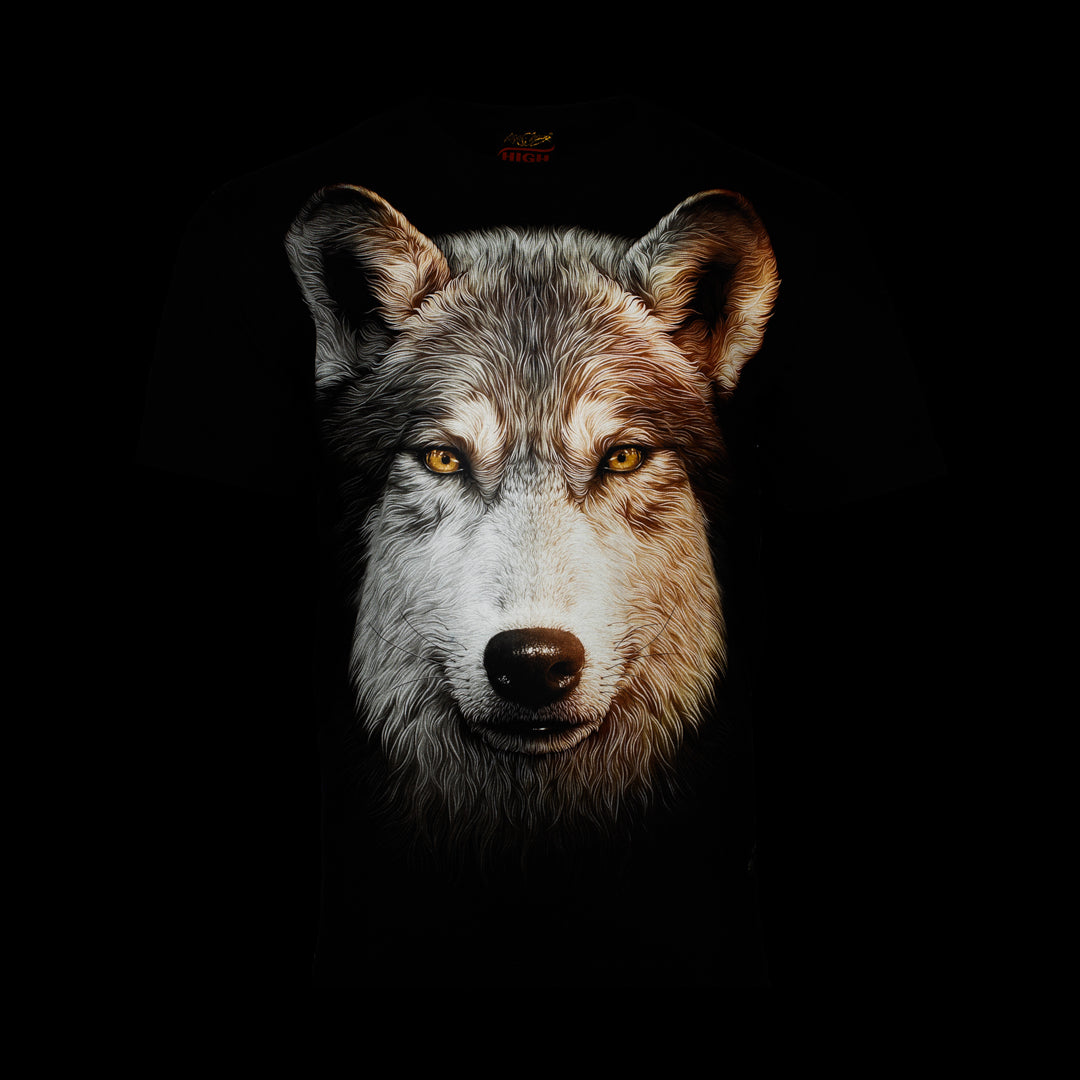Schwarzes T-Shirt mit grauem Wolf-Print