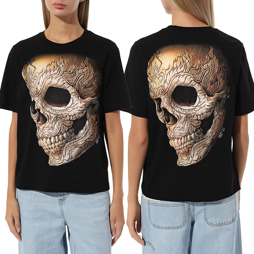 Schwarzes T-Shirt mit Flammendem Totenkopf-Print, Vorder- und Rückseite