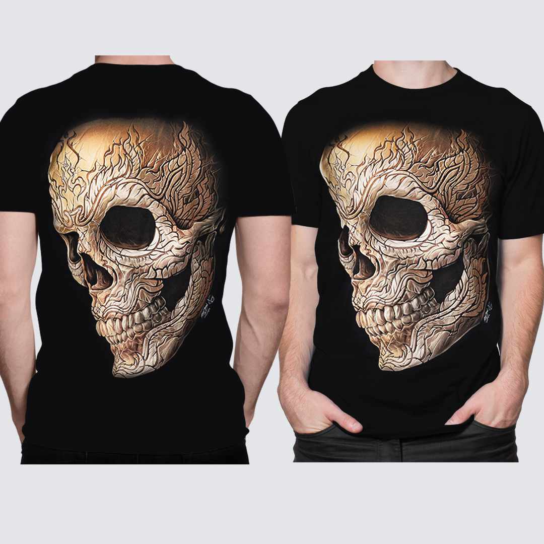Schwarzes T-Shirt mit Flammendem Totenkopf-Print, Vorder- und Rückseite