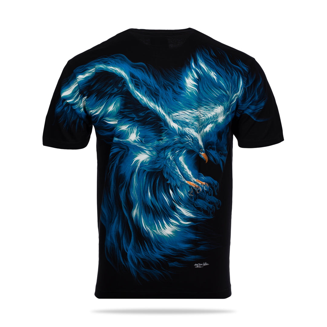 Schwarzes T-Shirt mit Blauer Adler-Print, Rückseite 