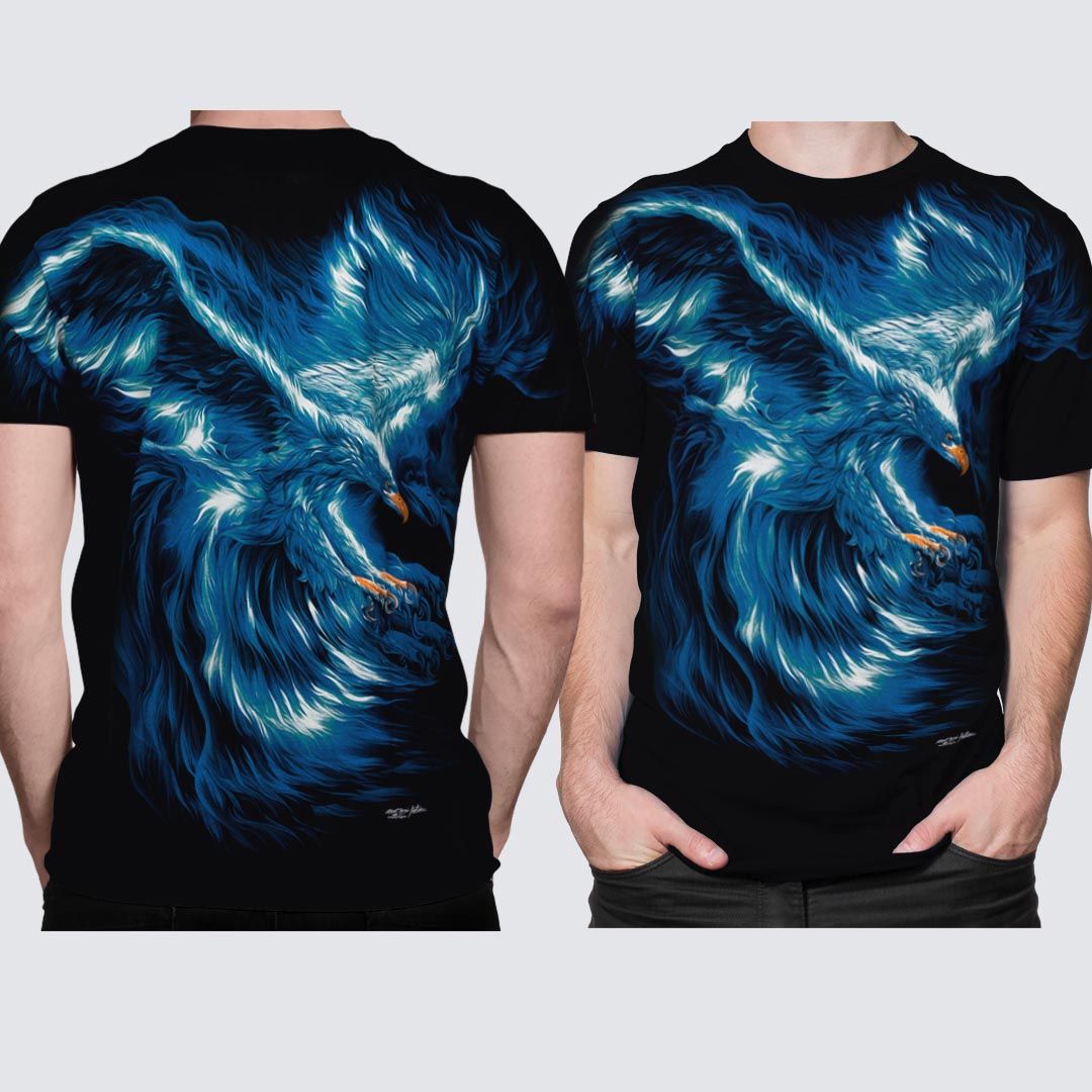 Schwarzes T-Shirt mit Blauer Adler-Print, Vorder- und Rückseite