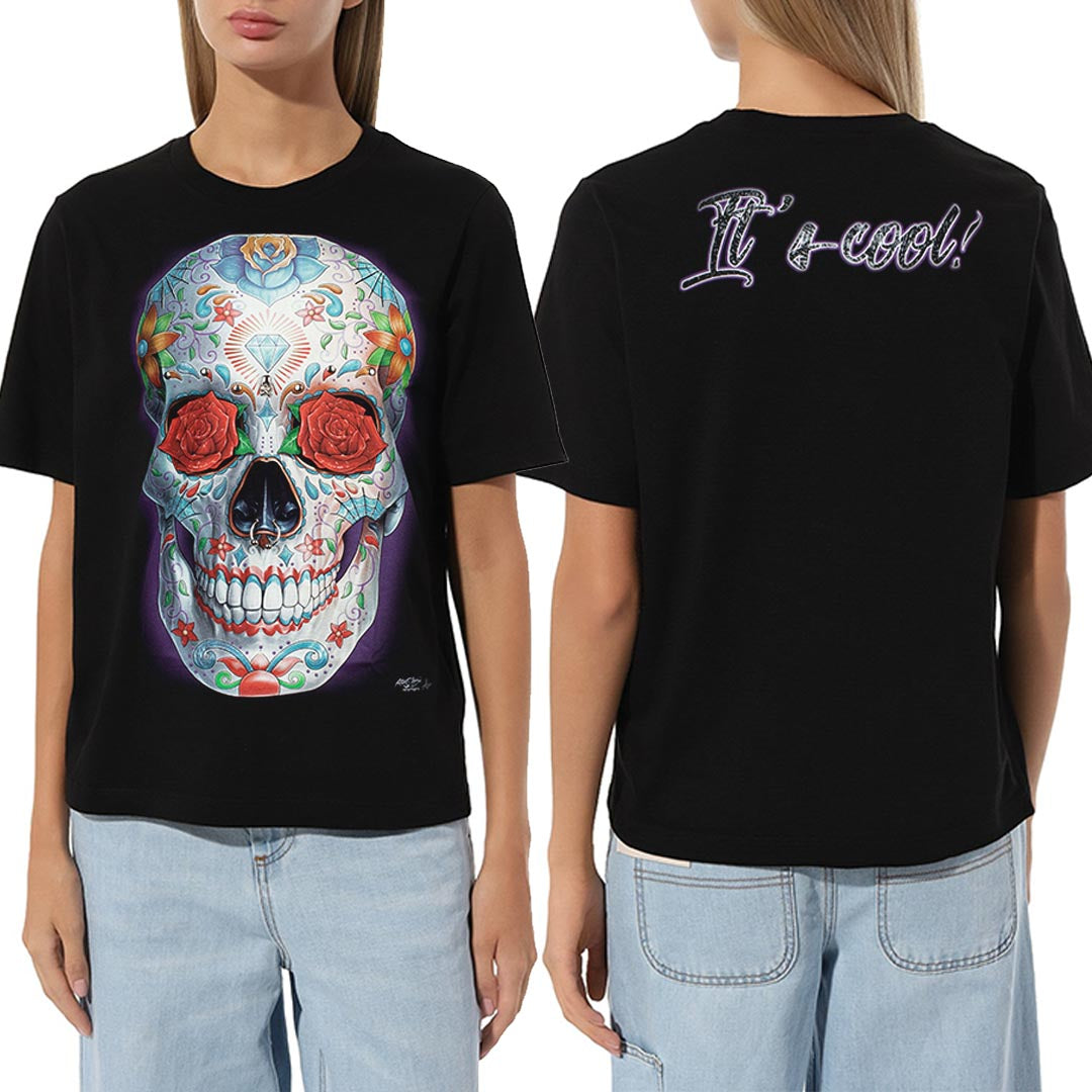 Schwarzes T-Shirt mit Totenkopf Los Muertos-Print, Vorder- und Rückseite 