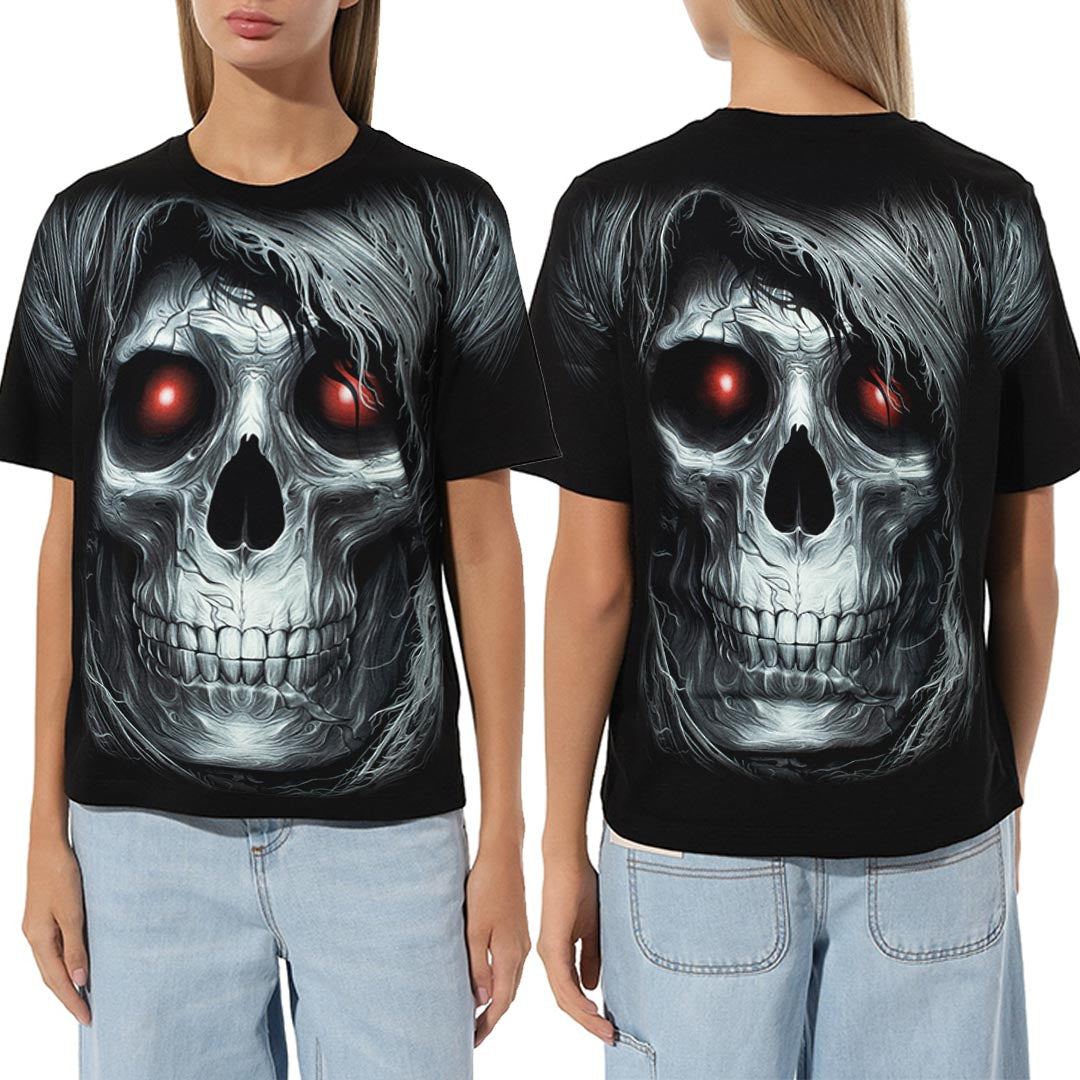 Schwarzes T-Shirt mit Totenkopf Rotauge-Print, Vorder- und Rückseite  