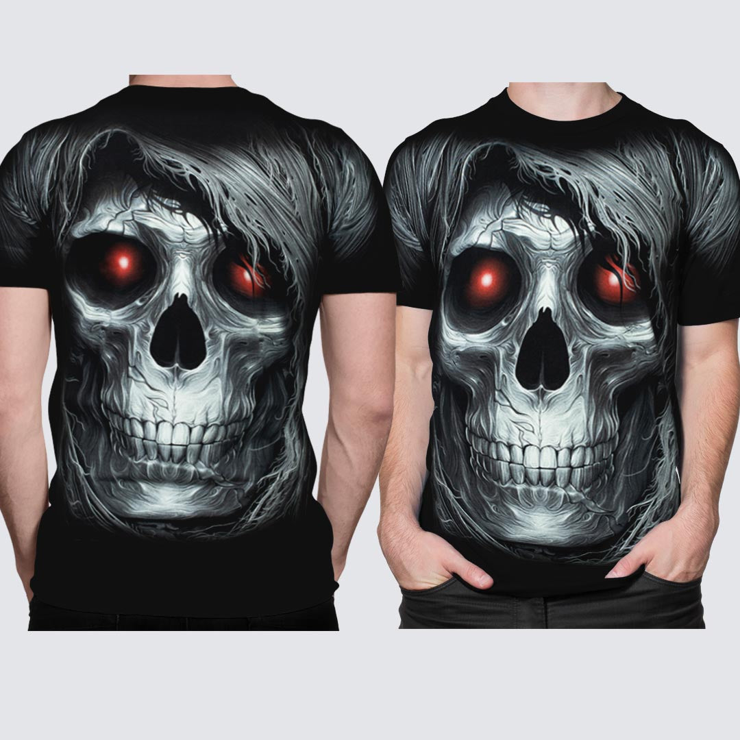Schwarzes T-Shirt mit Totenkopf Rotauge-Print, Vorder- und Rückseite