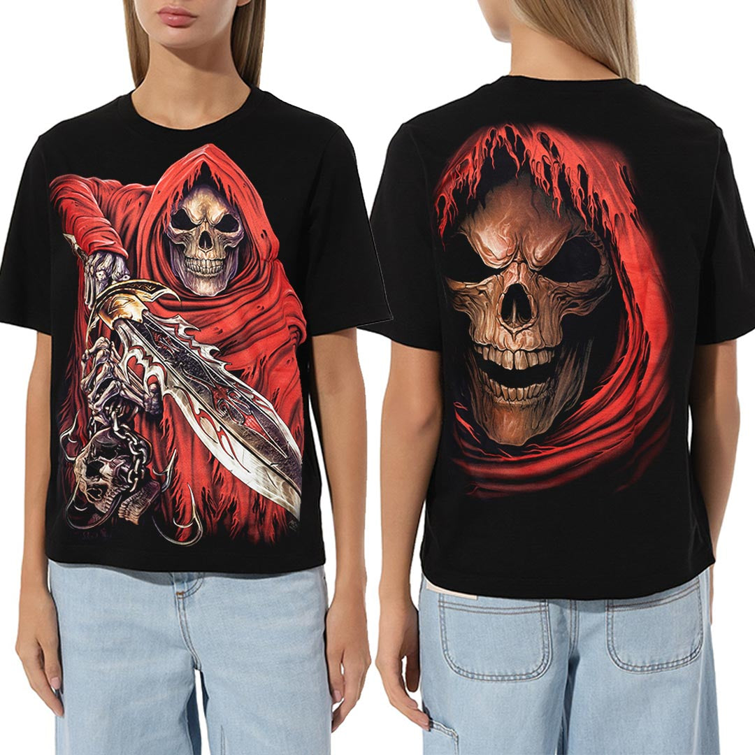 Schwarzes T-Shirt mit Erlösung-Print, Vorder- und Rückseite