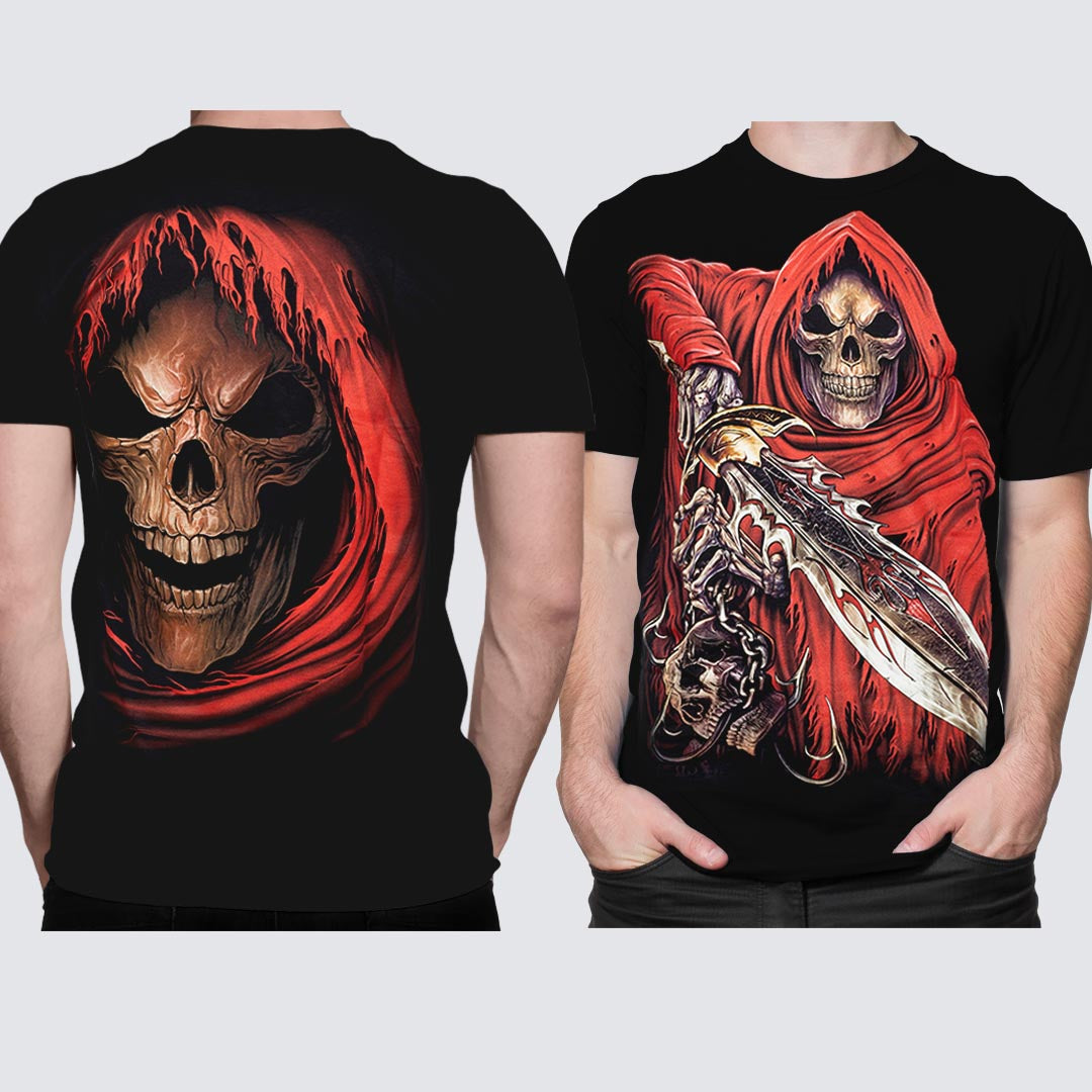 Schwarzes T-Shirt mit Erlösung-Print, Vorder- und Rückseite