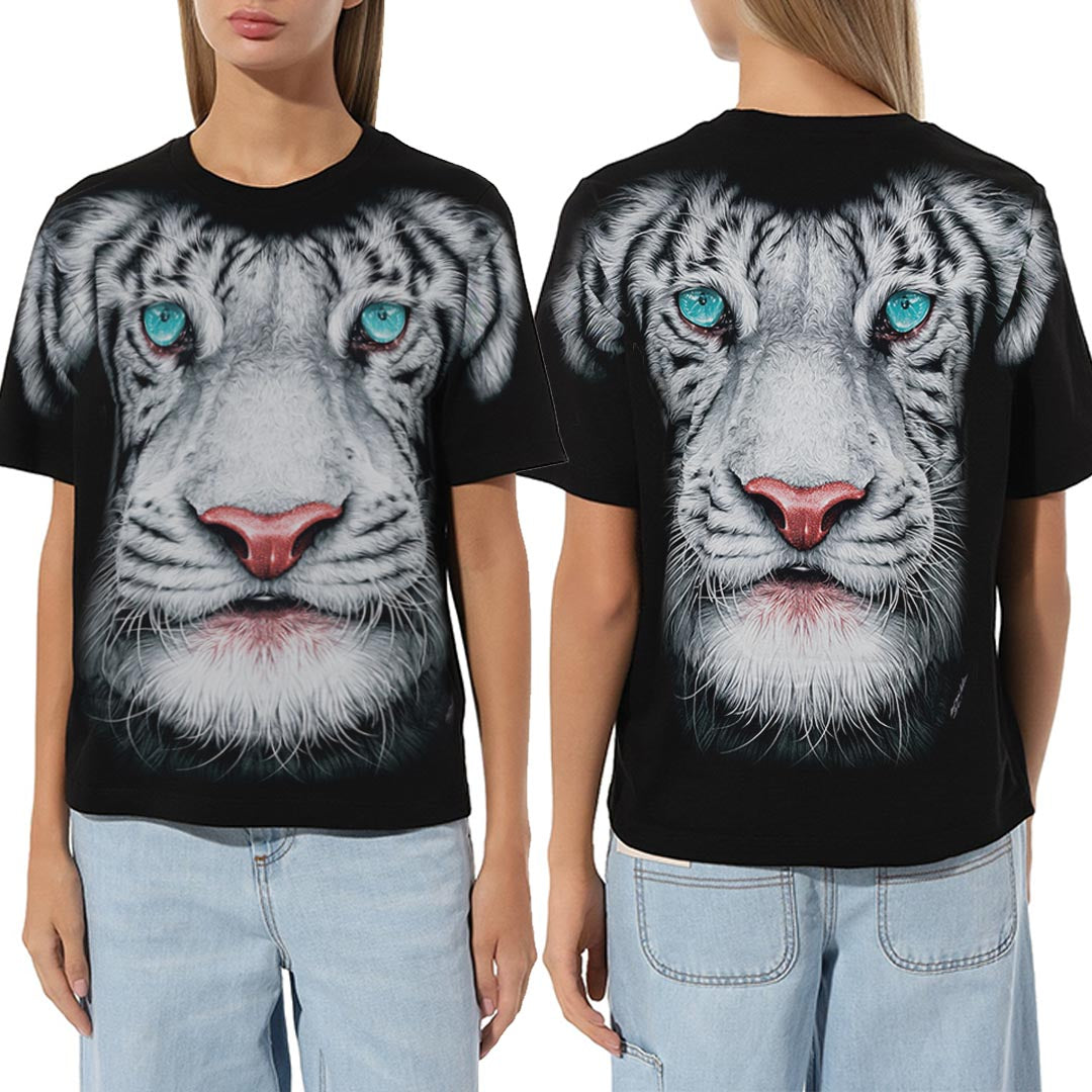 Schwarzes T-Shirt mit Weißem Tigergesicht-Print, Vorder- und Rückseite