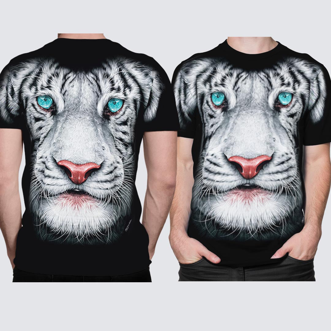 Schwarzes T-Shirt mit Weißem Tigergesicht-Print, Vorder- und Rückseite