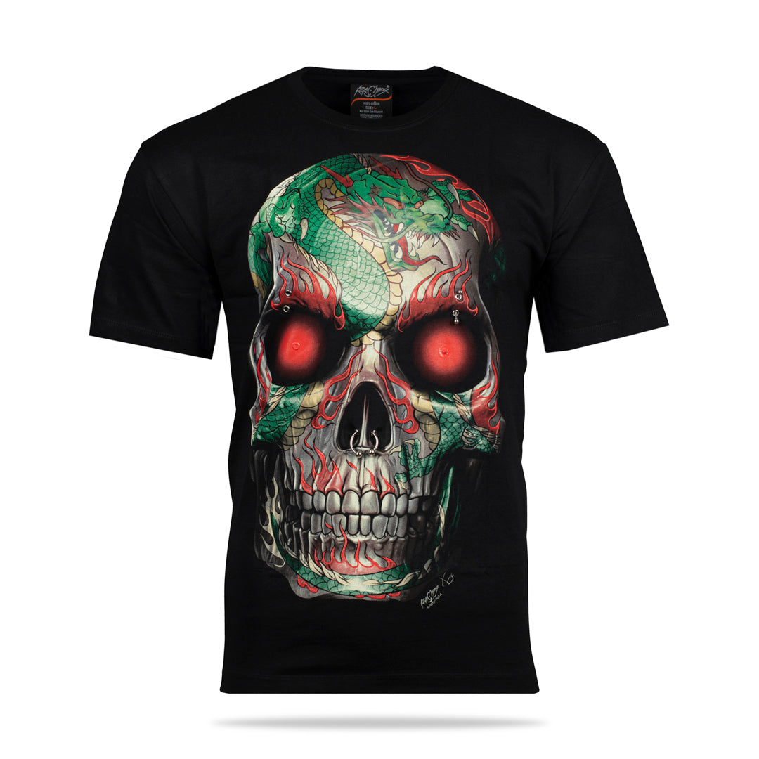 Schwarzes T-Shirt mit Totenkopf Drachen-Print, Vorderseite 