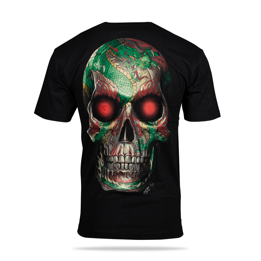 Schwarzes T-Shirt mit Totenkopf Drachen-Print, Rückseite 