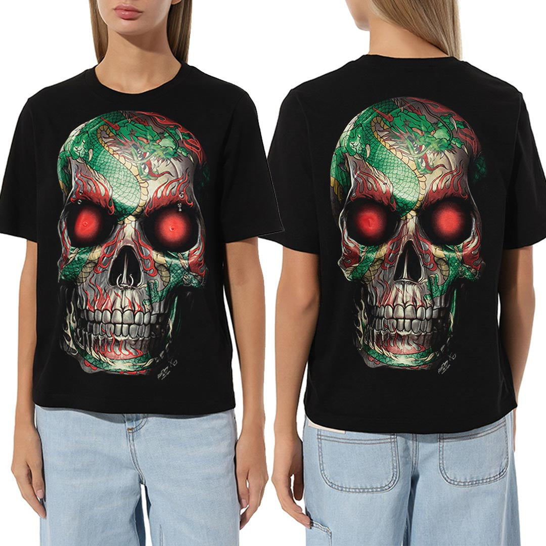 Schwarzes T-Shirt mit Totenkopf Drachen-Print, Vorder- und Rückseite 