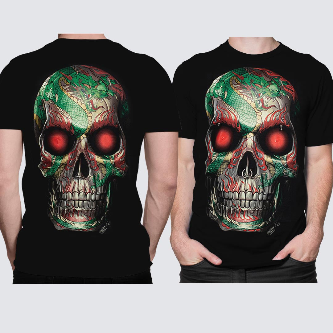 Schwarzes T-Shirt mit Totenkopf Drachen-Print, Vorder- und Rückseite 