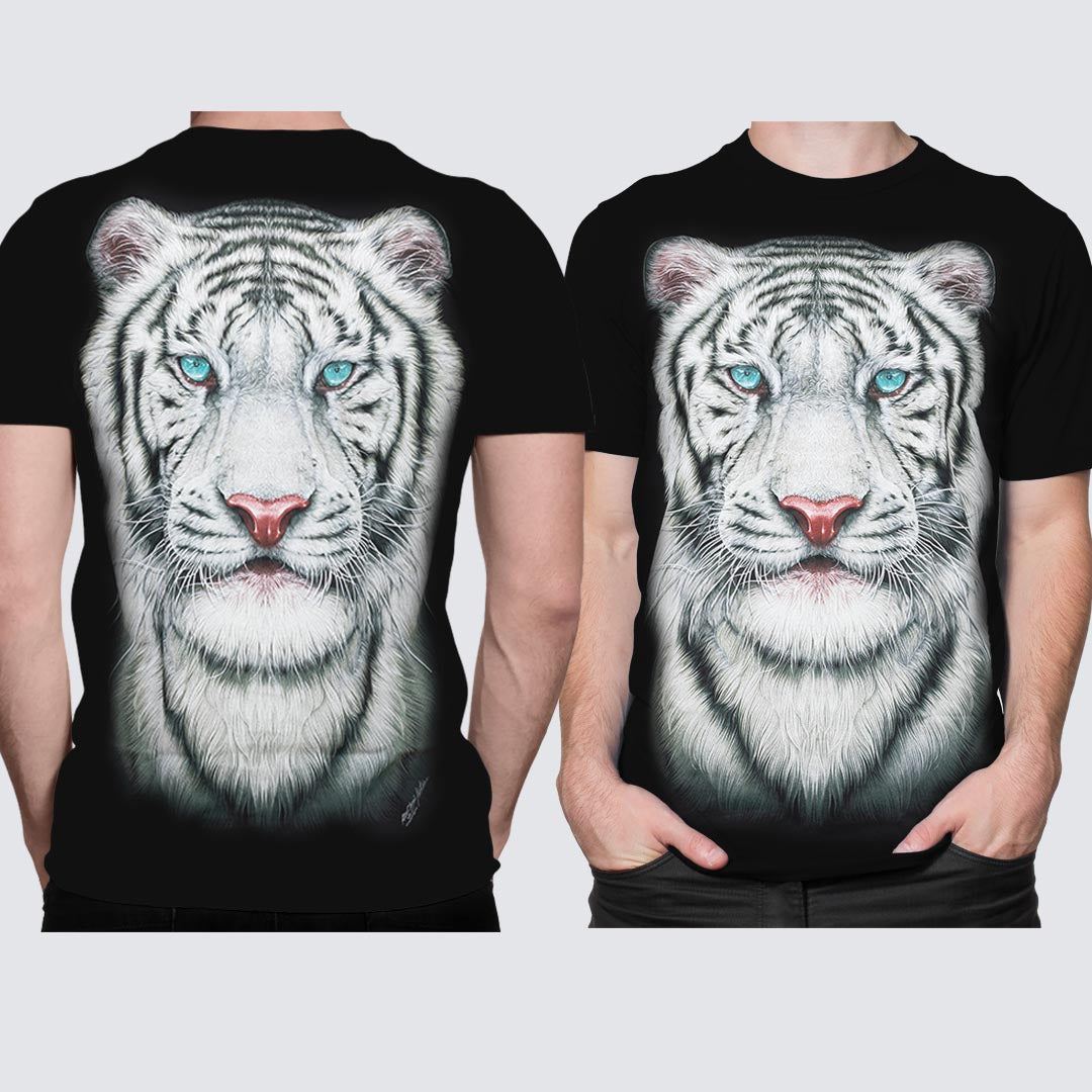 Schwarzes T-Shirt mit Weißem Tigerkopf-Print, Vorder- und Rückseite