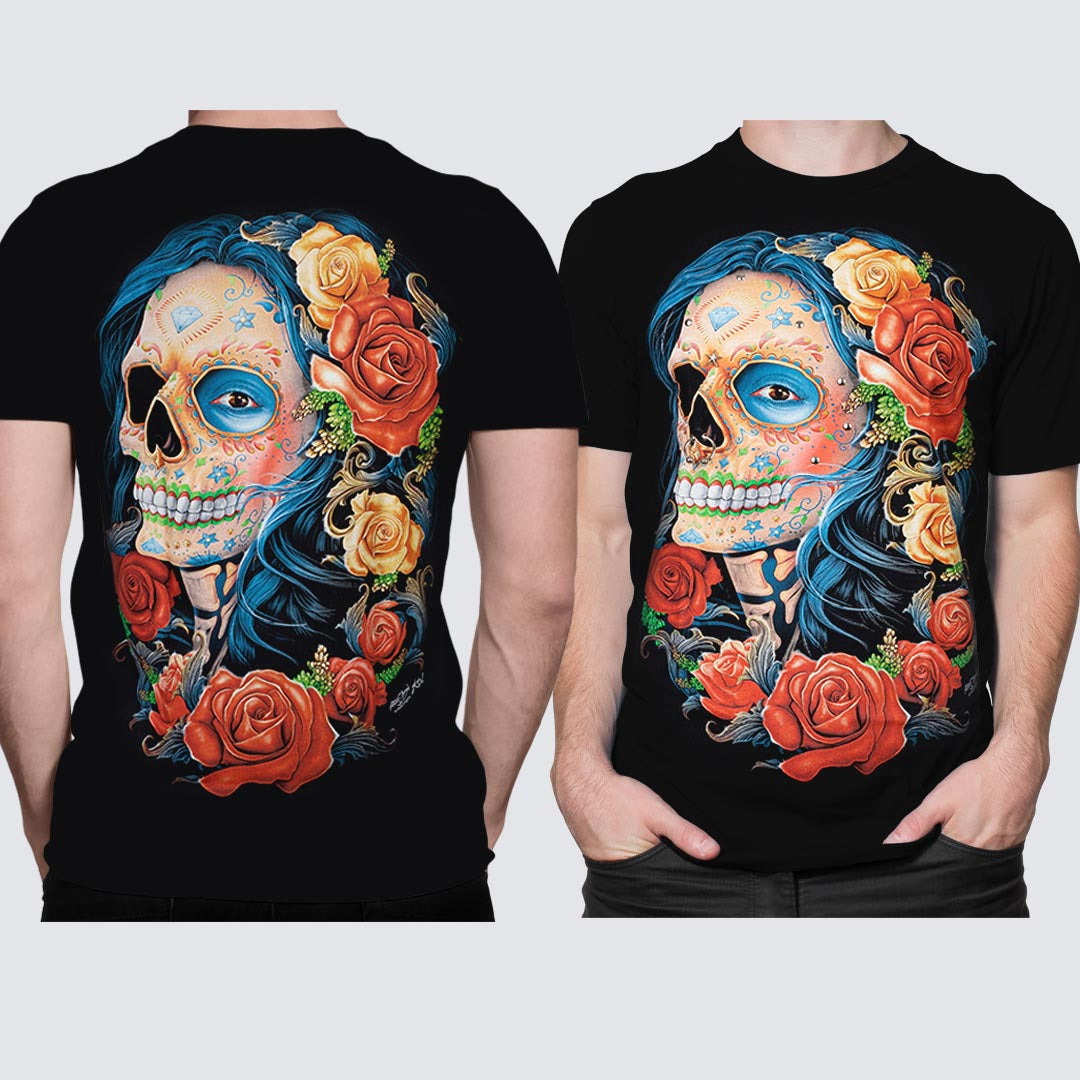 Schwarzes T-Shirt mit Beauty Rosalie-Print, Vorder- und Rückseite  