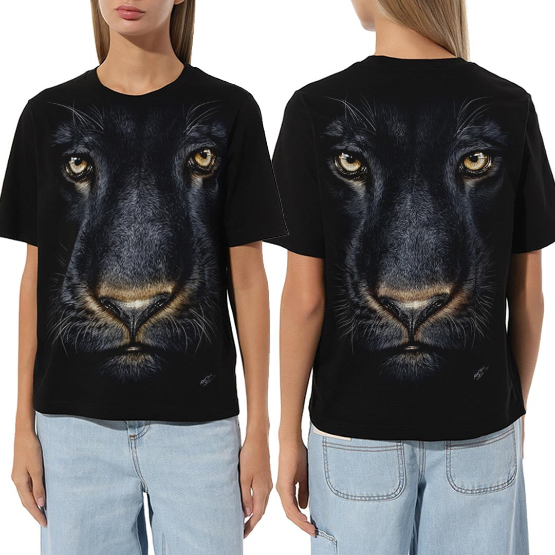 Schwarzes T-Shirt mit Panther-Print, Vorder- und Rückseite 