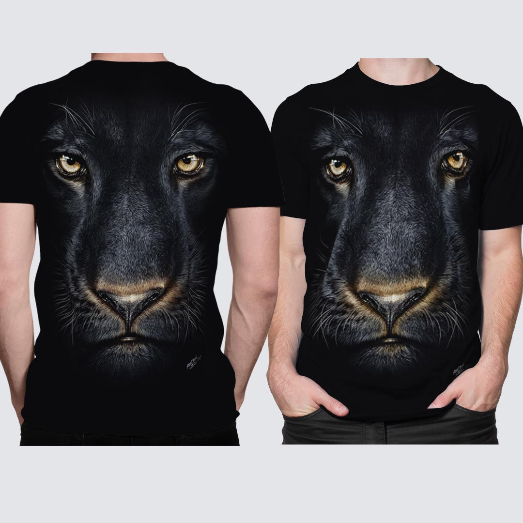 Schwarzes T-Shirt mit Panther-Print, Vorder- und Rückseite