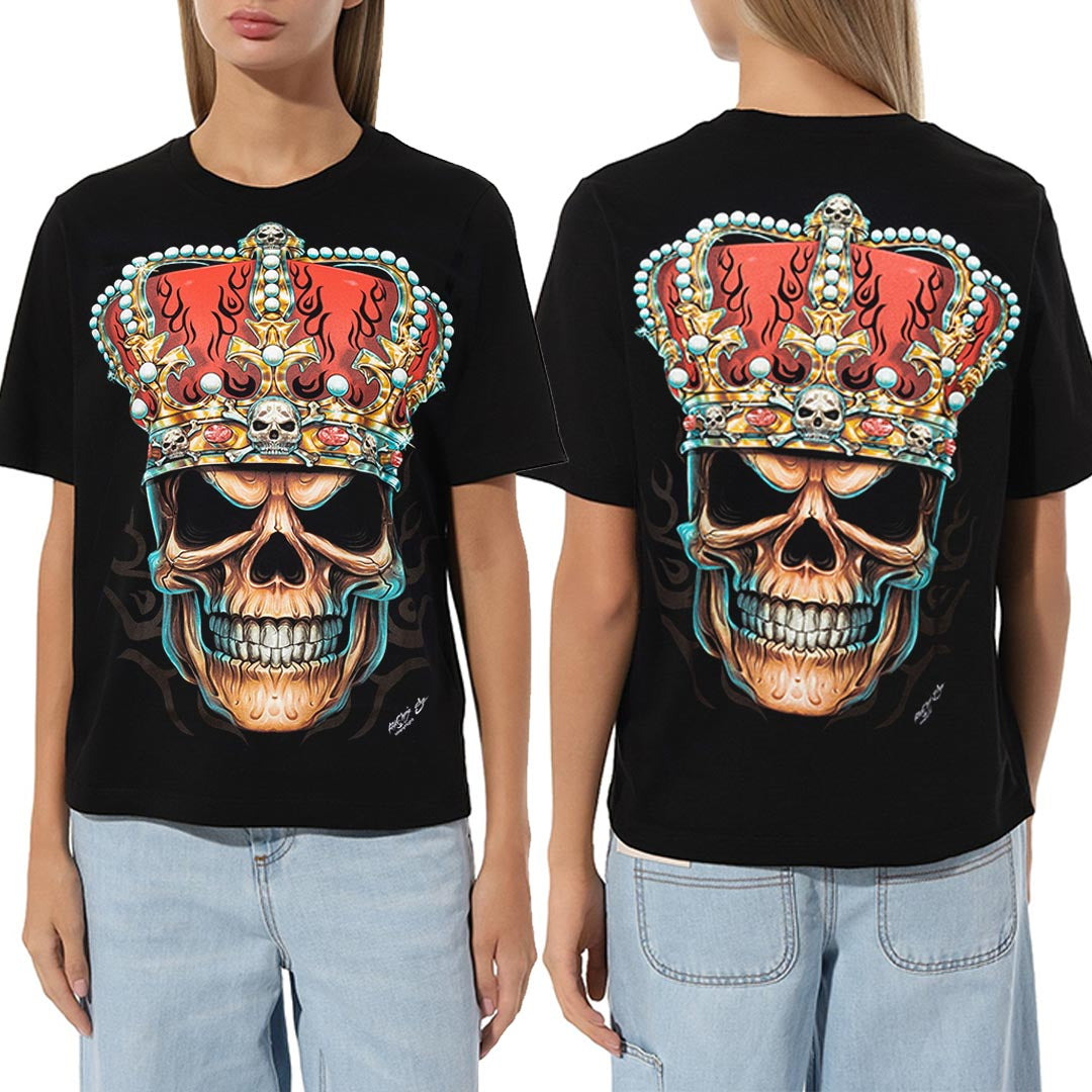 Schwarzes T-Shirt mit The King-Print, Vorder- und Rückseite