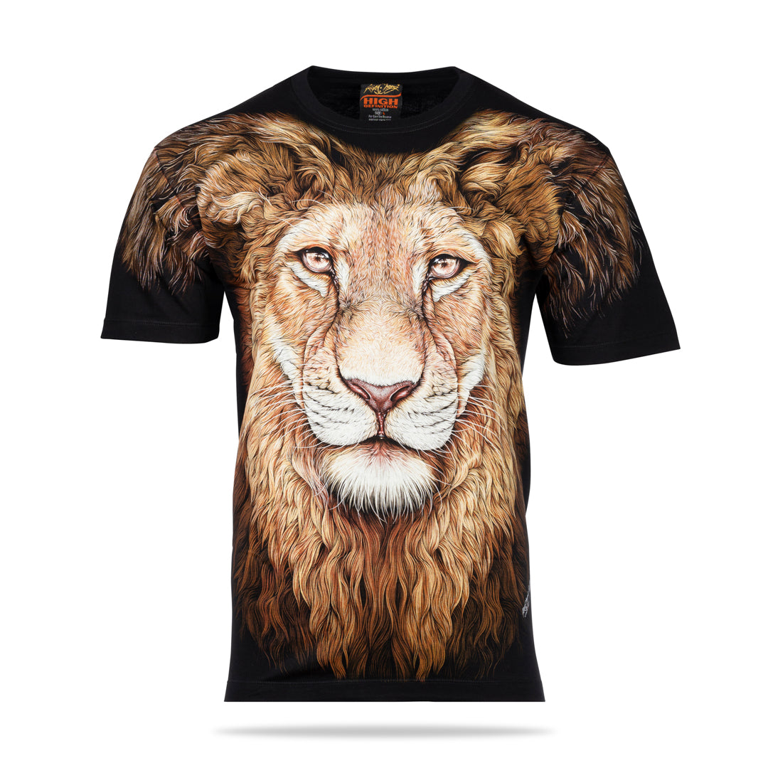 Schwarzes T-Shirt mit einem Löwen-Print, Vorderseite 