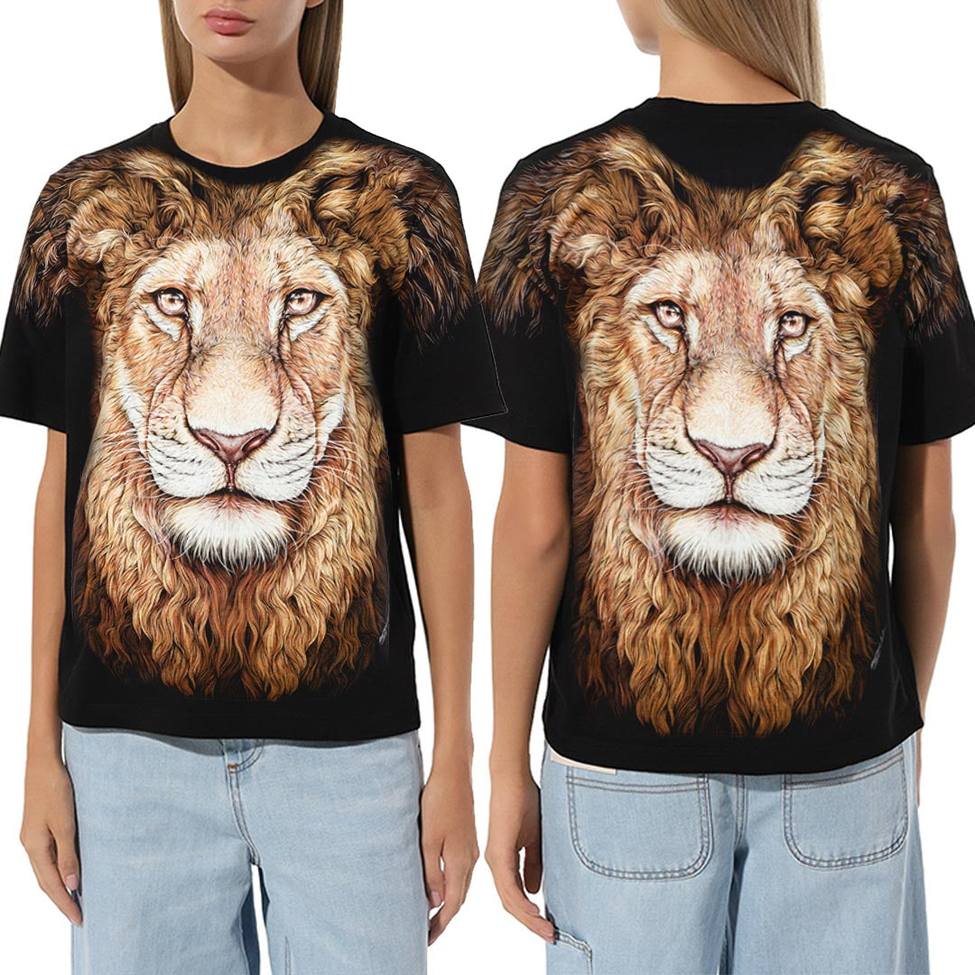 Schwarzes T-Shirt mit einem Löwen-Print, Vorder- und Rückseite