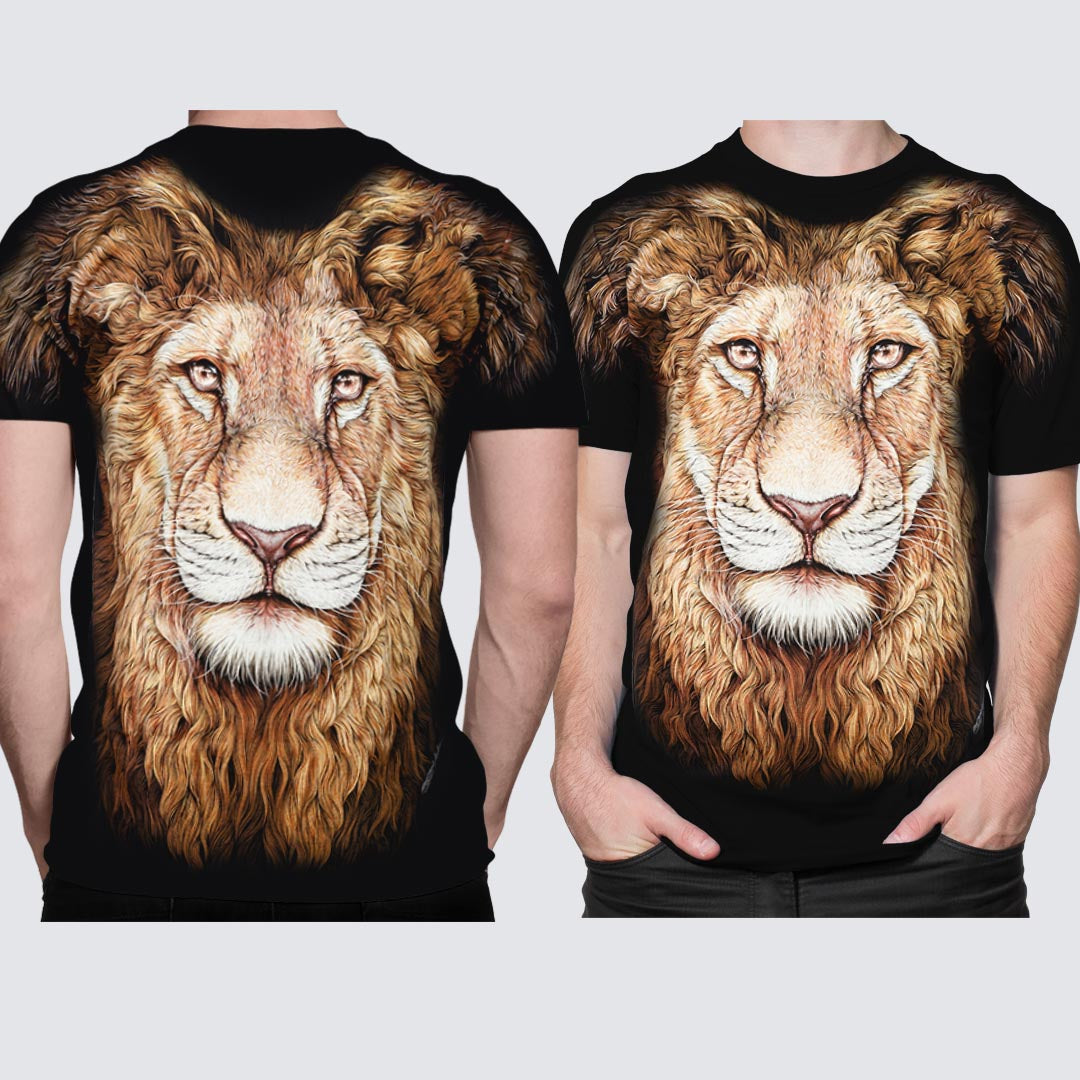 Schwarzes T-Shirt mit einem Löwen-Print, Vorder- und Rückseite