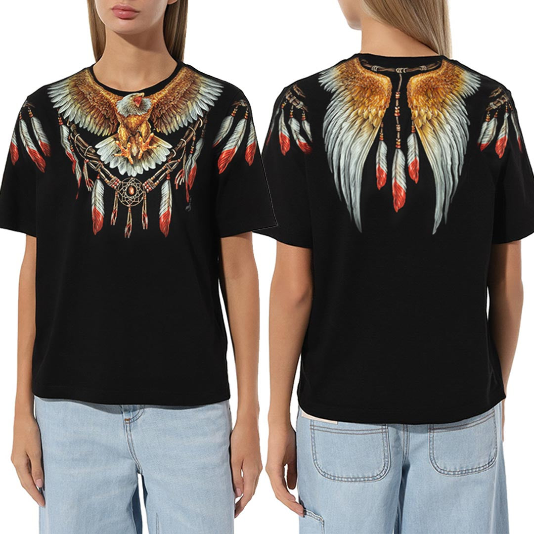 Schwarzes T-Shirt mit Adler Federschmuck-Print, Vorder- und Rückseite
