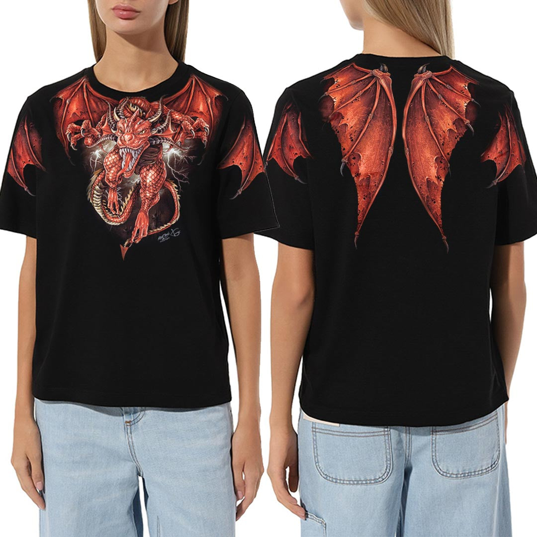 Schwarzes T-Shirt mit Rotem Drachen-Print, Vorder- und Rückseite  