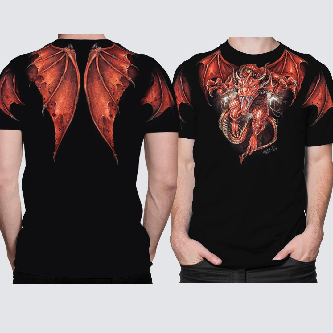 Schwarzes T-Shirt mit Rotem Drachen-Print, Vorder- und Rückseite  
