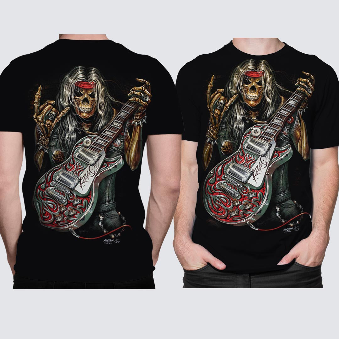 Schwarzes T-Shirt mit Death Metal-Print, Vorder- und Rückseite