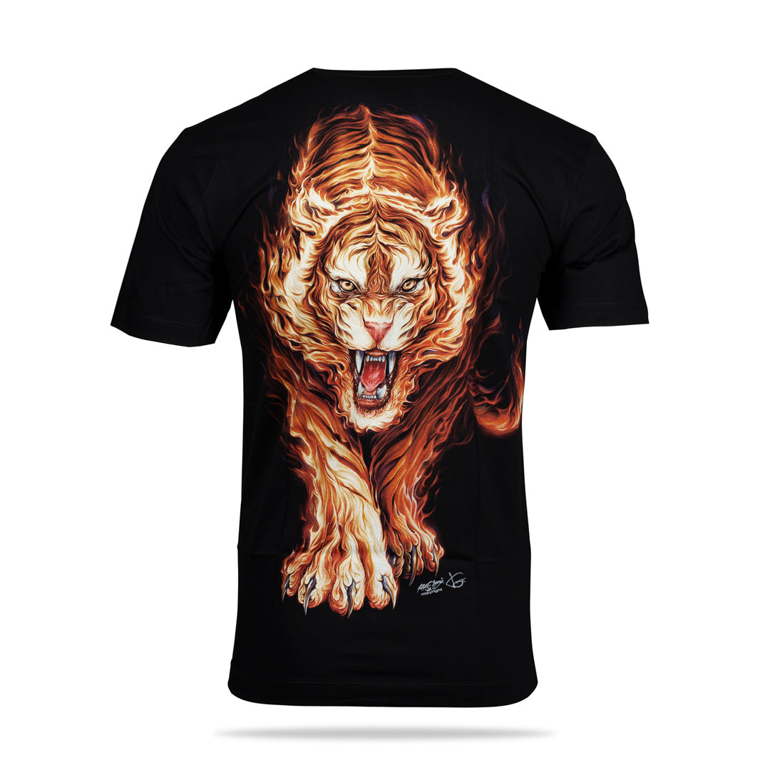 Schwarzes T-Shirt mit Tiger aus Flammen-Print, Rückseite 