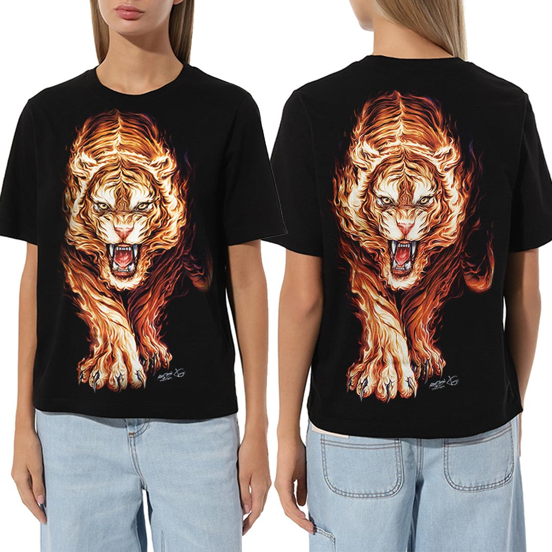 Schwarzes T-Shirt mit Tiger aus Flammen-Print, Vorder- und Rückseite