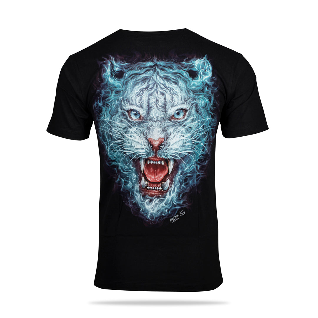 Schwarzes T-Shirt mit Flammen-Gepard-Print, Rückseite