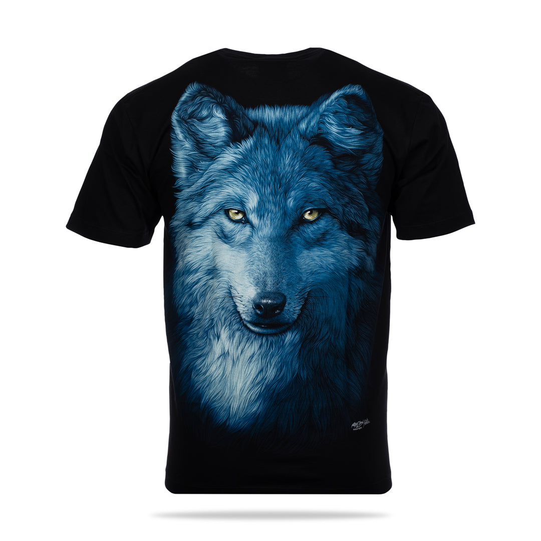 Schwarzes T-Shirt mit Wolf Kopf-Print, Rückseite 