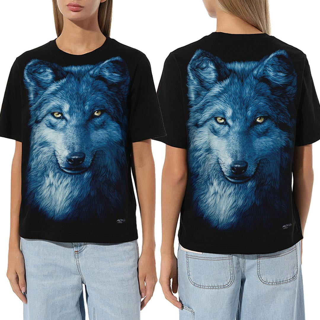 Schwarzes T-Shirt mit Wolf Kopf-Print, Vorder- und Rückseite